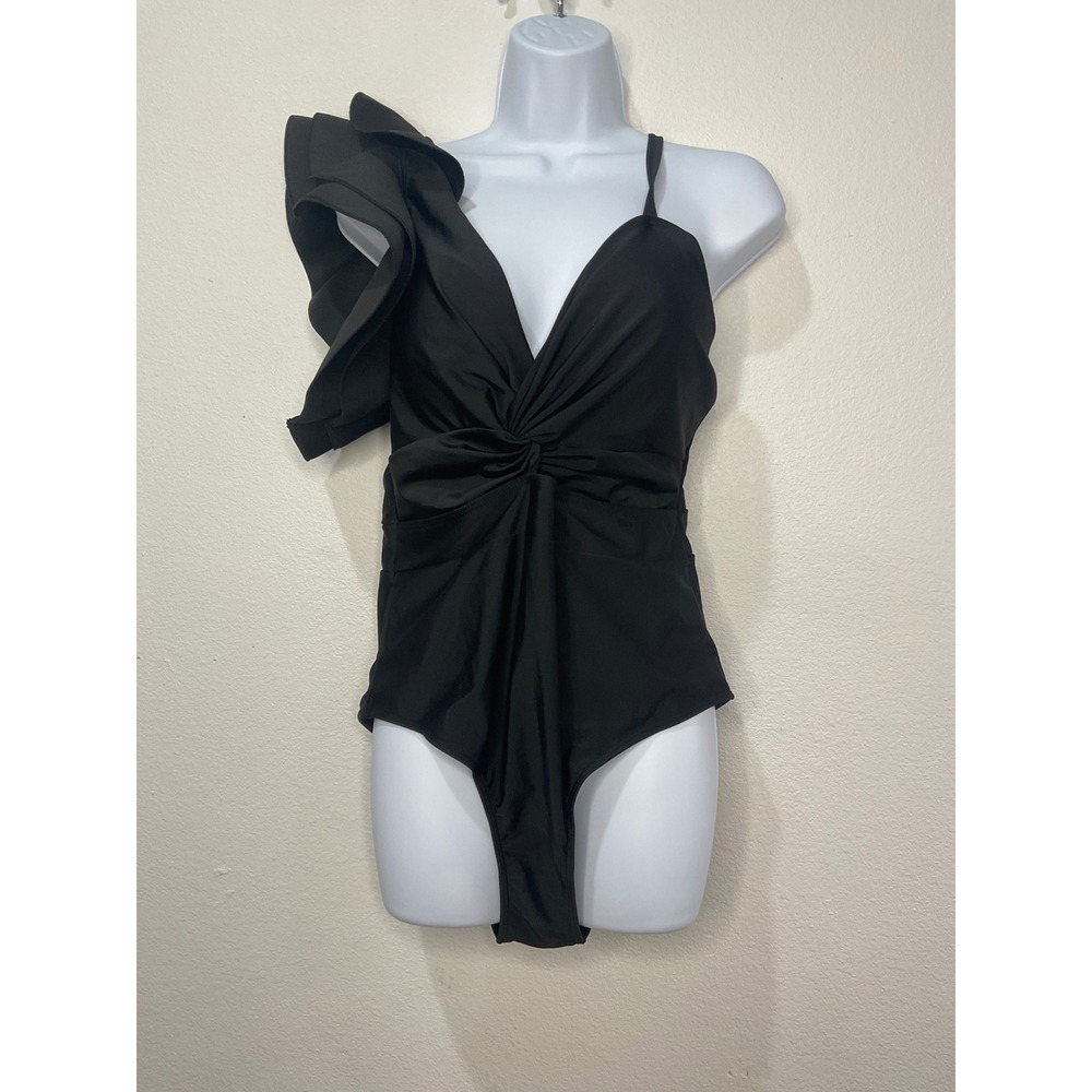 Black One Shoulder Ruffle One Piece Swimsuit Twisted Knot‎ Front 1XL